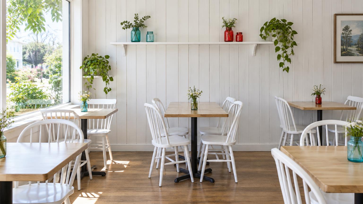 A welcoming dining room with white wooden chairs and sunlit windows